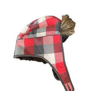 Abercrombie & Fitch Plaid Trapper Faux Fur Hat NWTS Red Gray One Size o/s